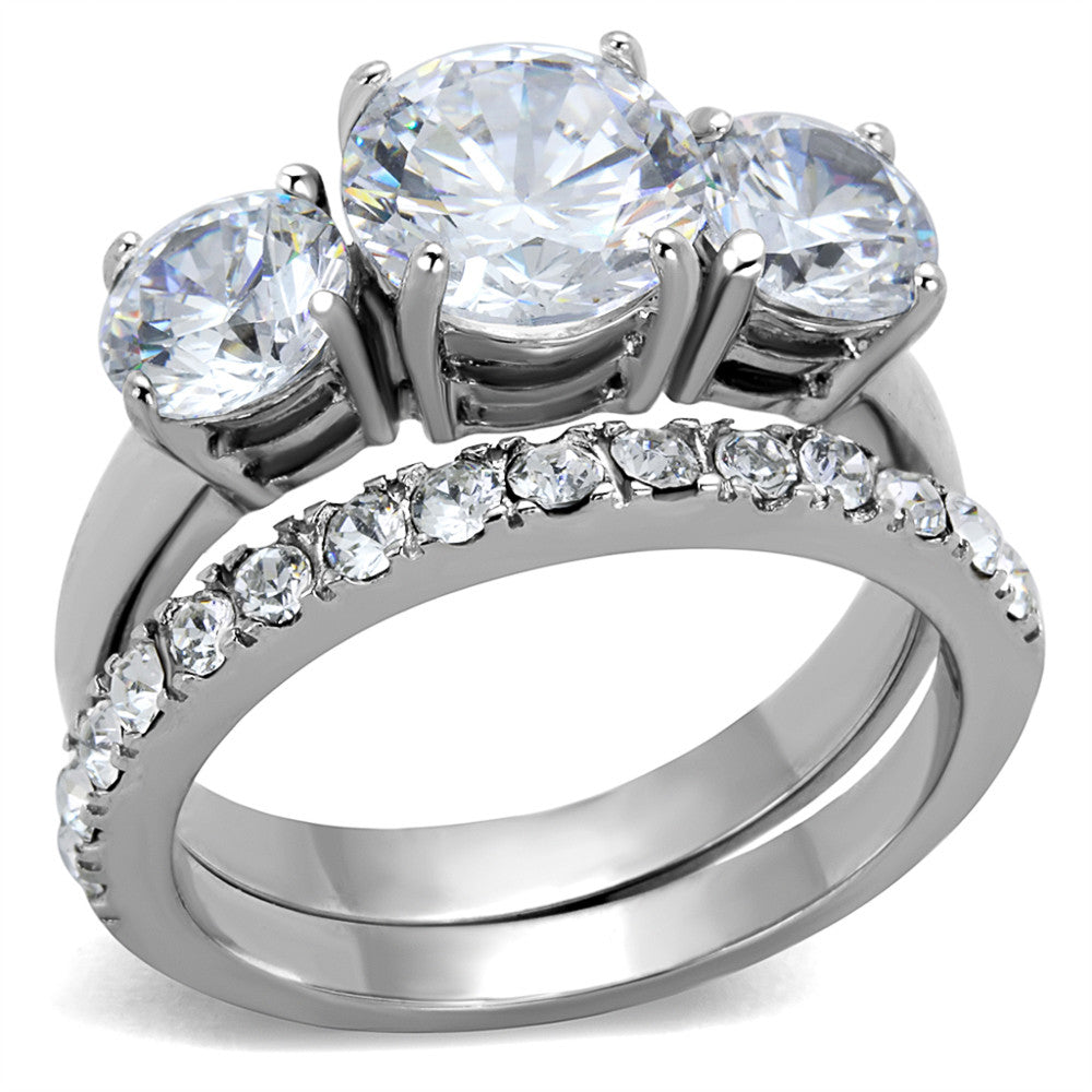 ARTK2177 Stainless Steel 4.17 Ct Round Cut 3 Stone Engagement & Wedding Ring Set Size 5-10